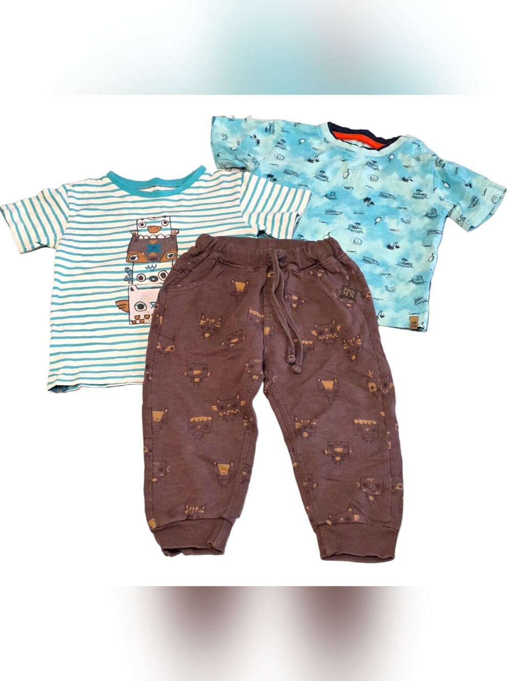 Kids Brown Jogger Pajama Pants & Tees Matching Set - Brown & Light Blue
